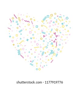 Memphis style geometric confetti vector background with triangle, circle, square shapes, chevron and wavy line ribbons. Hipster 90s style memphis pink blue gold decor confetti falling on white.