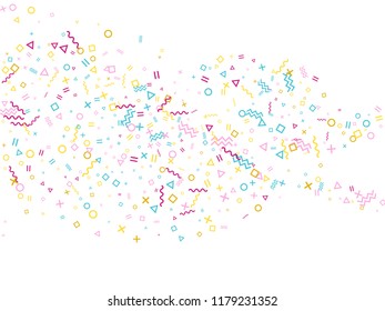 Memphis style geometric confetti vector background with triangle, circle, square shapes, chevron and wavy line ribbons. Modern 80s style bauhaus magenta blue yellow party confetti falling on white.