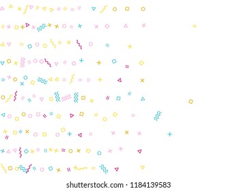 Memphis style geometric confetti vector background with triangle, circle, square shapes, zigzag and wavy line ribbons. Cool 80s style memphis pink cyan gold decor confetti falling on white.