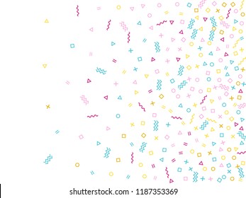 Memphis style geometric confetti vector background with triangle, circle, square shapes, chevron and wavy line ribbons. Digital 90s style bauhaus pink blue yellow party confetti flying on white.