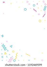 Memphis style geometric confetti vector background with triangle, circle, square shapes, zigzag and wavy line ribbons. Digital 90s style bauhaus pink cyan yellow decor confetti flying on white.