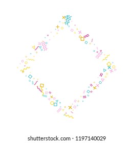 Memphis style geometric confetti vector background with triangle, circle, square shapes, zigzag and wavy line ribbons. Fancy 80s style memphis pink cyan gold party confetti flying on white.