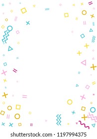 Memphis style geometric confetti vector background with triangle, circle, square shapes, chevron and wavy line ribbons. Hipster 80s style bauhaus magenta blue yellow party confetti flying on white.