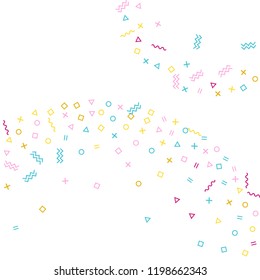 Memphis style geometric confetti vector background with triangle, circle, square shapes, zigzag and wavy line ribbons. Tinsel 90s style memphis magenta blue yellow confetti falling scatter on white.