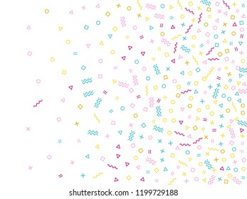 Memphis style geometric confetti vector background with triangle, circle, square shapes, chevron and wavy line ribbons. Vintage 80s style memphis magenta blue yellow confetti flying scatter on white.