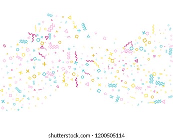 Memphis style geometric confetti vector background with triangle, circle, square shapes, zigzag and wavy line ribbons. Vintage 80s style bauhaus pink cyan yellow decor confetti flying on white.