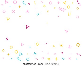 Memphis style geometric confetti vector background with triangle, circle, square shapes, chevron and wavy line ribbons. Hipster 80s style memphis magenta blue yellow confetti falling scatter on white.