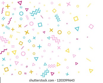 Memphis style geometric confetti vector background with triangle, circle, square shapes, chevron and wavy line ribbons. Trendy 80s style bauhaus pink cyan gold decor confetti flying on white.