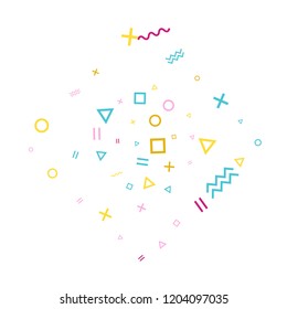 Memphis style geometric confetti vector background with triangle, circle, square shapes, chevron and wavy line ribbons. Festive 80s style bauhaus pink cyan gold decor confetti flying on white.