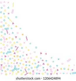 Memphis style geometric confetti vector background with triangle, circle, square shapes, zigzag and wavy line ribbons. Trendy 90s style memphis pink cyan gold party confetti flying on white.