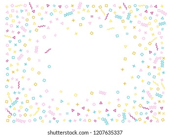 Memphis style geometric confetti vector background with triangle, circle, square shapes, chevron and wavy line ribbons. Tech 90s style bauhaus magenta blue yellow decor confetti flying on white.