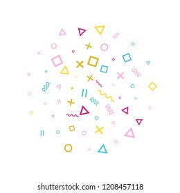 Memphis style geometric confetti vector background with triangle, circle, square shapes, chevron and wavy line ribbons. Mix 80s style memphis pink cyan gold decor confetti falling on white.