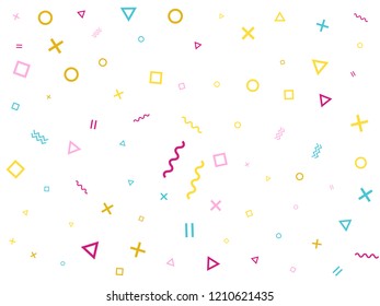 Memphis style geometric confetti vector background with triangle, circle, square shapes, chevron and wavy line ribbons. Tech 80s style bauhaus pink cyan yellow confetti flying scatter on white.