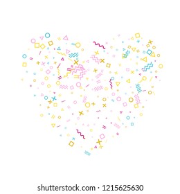 Memphis style geometric confetti vector background with triangle, circle, square shapes, chevron and wavy line ribbons. Tech 80s style bauhaus pink cyan gold confetti falling scatter on white.