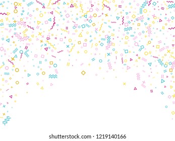 Memphis style geometric confetti vector background with triangle, circle, square shapes, chevron and wavy line ribbons. Tech 80s style bauhaus pink blue yellow party confetti falling on white.