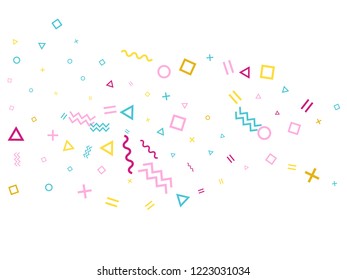 Memphis style geometric confetti vector background with triangle, circle, square shapes, zigzag and wavy line ribbons. Festive 80s style memphis pink cyan gold party confetti flying on white.