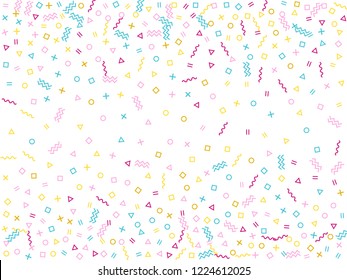 Memphis style geometric confetti vector background with triangle, circle, square shapes, zigzag and wavy line ribbons. Minimal 80s style bauhaus magenta blue yellow confetti falling scatter on white.