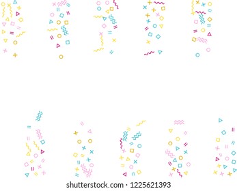 Memphis style geometric confetti vector background with triangle, circle, square shapes, chevron and wavy line ribbons. Modern 90s style memphis pink blue yellow party confetti flying on white.