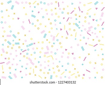 Memphis style geometric confetti vector background with triangle, circle, square shapes, chevron and wavy line ribbons. Fancy 90s style bauhaus crimson blue yellow party confetti falling on white.