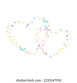 Memphis style geometric confetti vector background with triangle, circle, square shapes, zigzag and wavy line ribbons. Retro 90s style bauhaus crimson blue yellow party confetti flying on white.