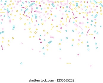 Memphis style geometric confetti vector background with triangle, circle, square shapes, zigzag and wavy line ribbons. Magic 80s style bauhaus magenta blue yellow party confetti falling on white.