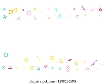 Memphis style geometric confetti vector background with triangle, circle, square shapes, chevron and wavy line ribbons. Festive 90s style bauhaus pink blue yellow party confetti falling on white.