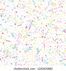 Memphis style geometric confetti vector background with triangle, circle, square shapes, chevron and wavy line ribbons. Retro 80s style bauhaus pink cyan gold party confetti falling on white.