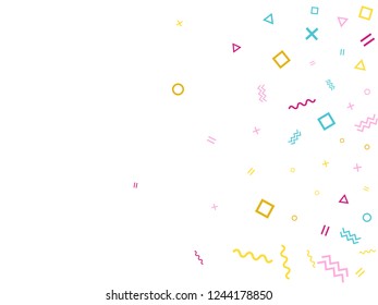 Memphis style geometric confetti vector background with triangle, circle, square shapes, chevron and wavy line ribbons. Tech 90s style memphis magenta blue yellow party confetti falling on white.