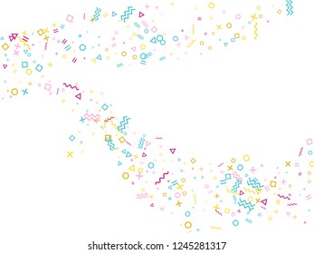 Memphis style geometric confetti vector background with triangle, circle, square shapes, chevron and wavy line ribbons. Hipster 80s style bauhaus pink blue gold party confetti falling on white.