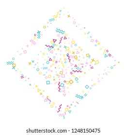 Memphis style geometric confetti vector background with triangle, circle, square shapes, chevron and wavy line ribbons. Cool 80s style memphis pink blue gold confetti flying scatter on white.