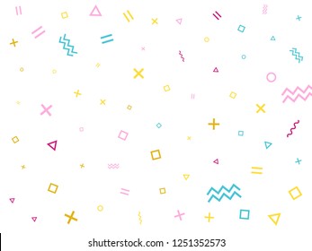 Memphis style geometric confetti vector background with triangle, circle, square shapes, zigzag and wavy line ribbons. Mix 80s style bauhaus pink cyan gold confetti flying scatter on white.