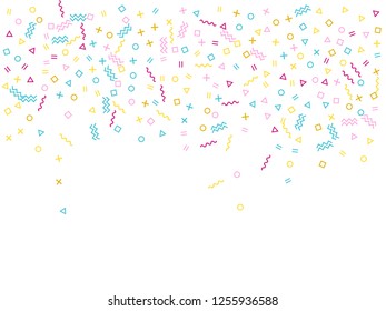 Memphis style geometric confetti vector background with triangle, circle, square shapes, zigzag and wavy line ribbons. Fancy 90s style bauhaus crimson blue yellow decor confetti falling on white.