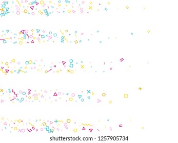 Memphis style geometric confetti vector background with triangle, circle, square shapes, chevron and wavy line ribbons. Vintage 80s style bauhaus pink cyan yellow party confetti falling on white.