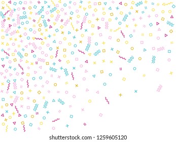 Memphis style geometric confetti vector background with triangle, circle, square shapes, zigzag and wavy line ribbons. Vintage 80s style memphis pink blue yellow party confetti flying on white.