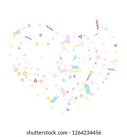 Memphis style geometric confetti vector background with triangle, circle, square shapes, zigzag and wavy line ribbons. Tech 80s style bauhaus pink cyan yellow decor confetti falling on white.