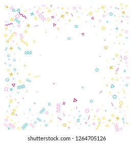 Memphis style geometric confetti vector background with triangle, circle, square shapes, zigzag and wavy line ribbons. Hipster 90s style memphis pink blue gold decor confetti falling on white.