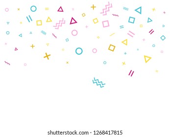 Memphis style geometric confetti vector background with triangle, circle, square shapes, zigzag and wavy line ribbons. Small 90s style memphis pink cyan gold confetti falling scatter on white.