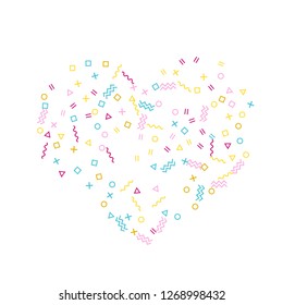 Memphis style geometric confetti vector background with triangle, circle, square shapes, chevron and wavy line ribbons. Flat 80s style memphis crimson blue yellow party confetti flying on white.