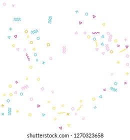 Memphis style geometric confetti vector background with triangle, circle, square shapes, zigzag and wavy line ribbons. Small 80s style bauhaus pink blue gold confetti flying scatter on white.