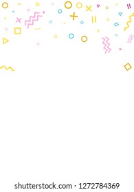 Memphis style geometric confetti vector background with triangle, circle, square shapes, chevron and wavy line ribbons. Digital 90s style memphis pink blue yellow confetti flying scatter on white.