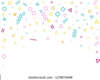 Memphis style geometric confetti vector background with triangle, circle, square shapes, zigzag and wavy line ribbons. Modern 80s style bauhaus pink cyan gold confetti falling scatter on white.