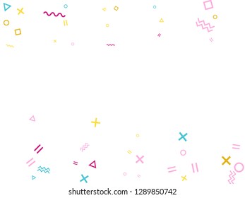 Memphis style geometric confetti vector background with triangle, circle, square shapes, chevron and wavy line ribbons. Digital 80s style bauhaus pink cyan gold party confetti falling on white.