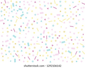 Memphis style geometric confetti vector background with triangle, circle, square shapes, zigzag and wavy line ribbons. Trendy 80s style memphis crimson blue yellow decor confetti falling on white.