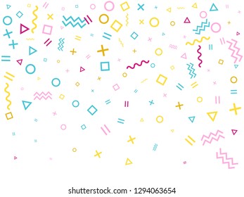 Memphis style geometric confetti vector background with triangle, circle, square shapes, zigzag and wavy line ribbons. Minimal 80s style memphis crimson blue yellow party confetti falling on white.