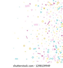Memphis style geometric confetti vector background with triangle, circle, square shapes, chevron and wavy line ribbons. Flat 80s style bauhaus pink cyan gold party confetti flying on white.