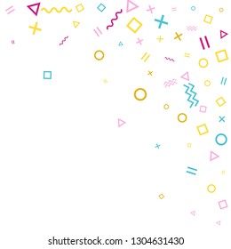 Memphis style geometric confetti vector background with triangle, circle, square shapes, zigzag and wavy line ribbons. Fancy 80s style bauhaus magenta blue yellow decor confetti flying on white.