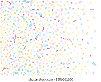 Memphis style geometric confetti vector background with triangle, circle, square shapes, chevron and wavy line ribbons. Digital 90s style memphis crimson blue yellow confetti flying scatter on white.