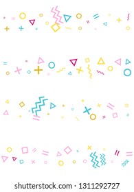 Memphis style geometric confetti vector background with triangle, circle, square shapes, zigzag and wavy line ribbons. Vintage 90s style memphis magenta blue yellow party confetti flying on white.