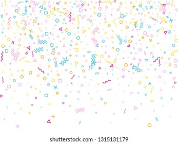 Memphis style geometric confetti vector background with triangle, circle, square shapes, zigzag and wavy line ribbons. Simple 90s style memphis pink blue gold party confetti flying on white.