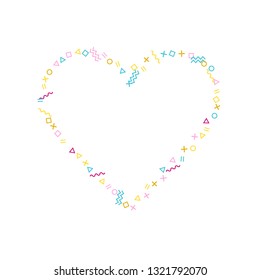 Memphis style geometric confetti vector background with triangle, circle, square shapes, zigzag and wavy line ribbons. Digital 80s style bauhaus pink blue yellow party confetti falling on white.